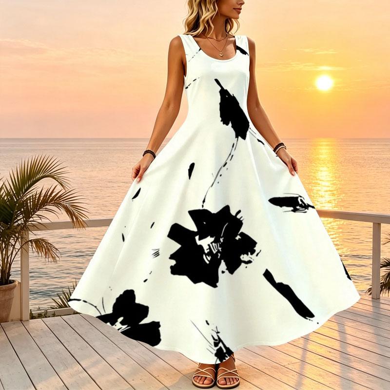 A-Line Maxi Dress,Fashion Elegant Summer Casual Loose Black White Floral Dress,Comfortable,Ideal for Beach Vacation & Travel Photos