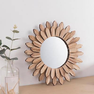 Rustic Wood Sunflower Decoration Wall Mirror Flower Wood Frame Hanging Mirror Home