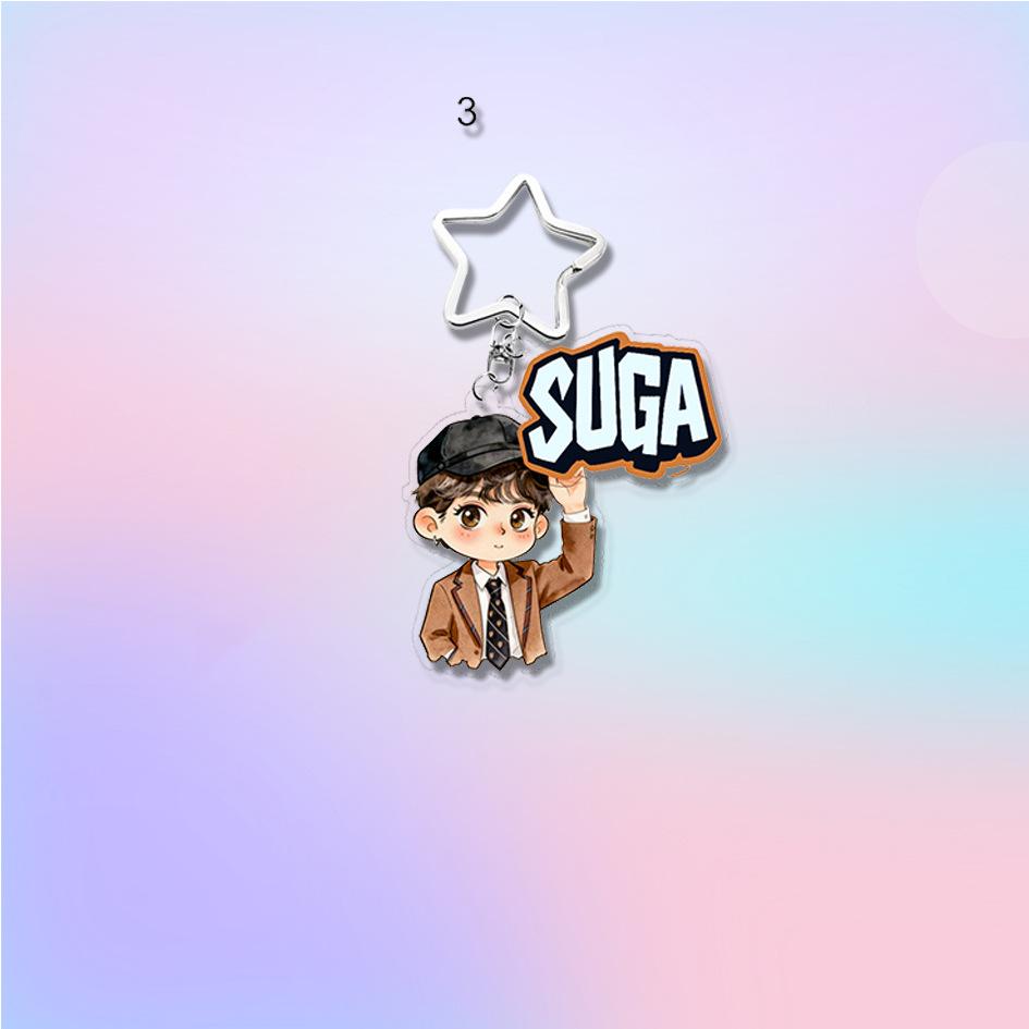 7 Stück BTS Schuluniform-Stil Cartoon Schlüsselanhänger, Bangtan Boys Figur mit buntem Namensschild & Stern-Anhänger, Kpop Idol Taschenanhänger für ARMY Fans