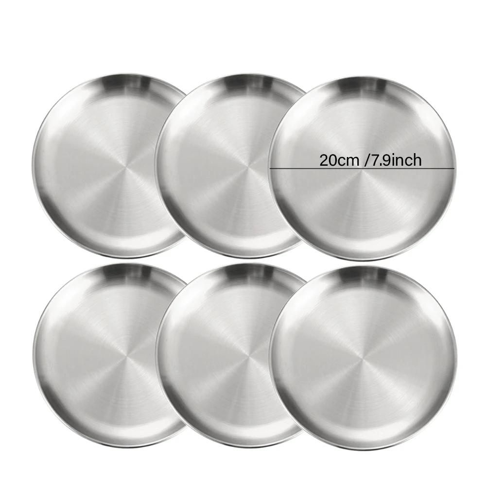 6Pcs Stainless Steel Metal Round Dining Disc Bone Spitting Dish High Quality Shallow Tray Silver BBQ Disc Kitchen Plate