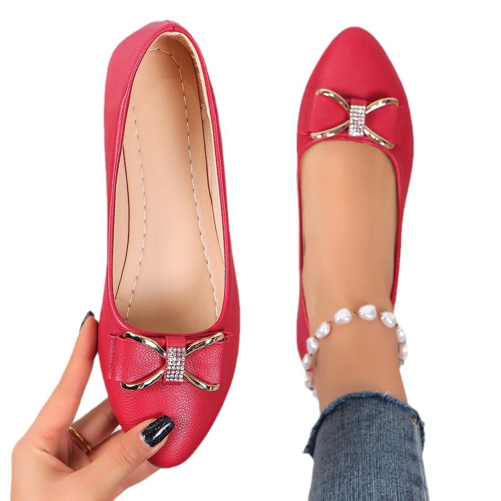 Pointed single shoes women's 2025 spring new fashion casual bow soft bottom flat bottom large size shallow mouth Doudou shoes tide