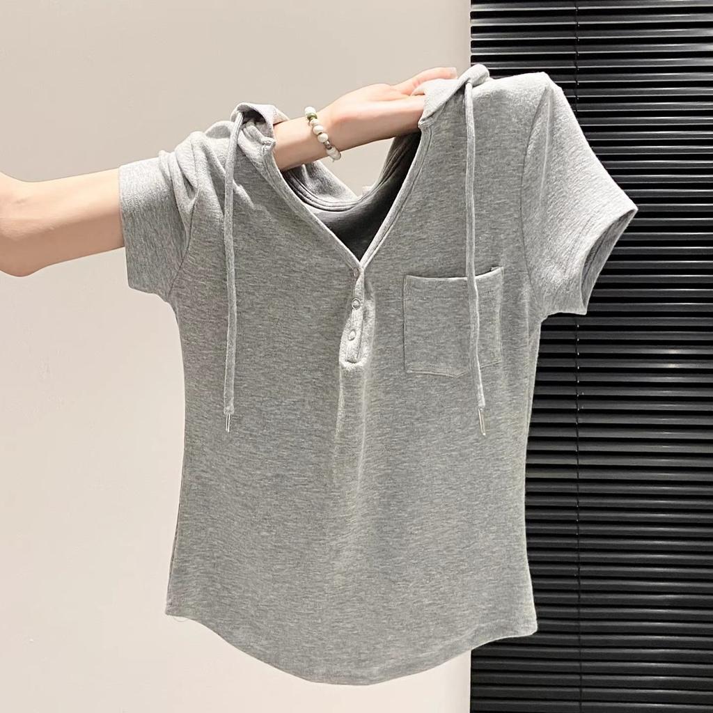 Reines Verlangen Kapuzen-V-Ausschnitt Kurzarm-T-Shirt Damen Sommer Neu Schlank und Dünn Schulterdesign Nischen-Oberteil