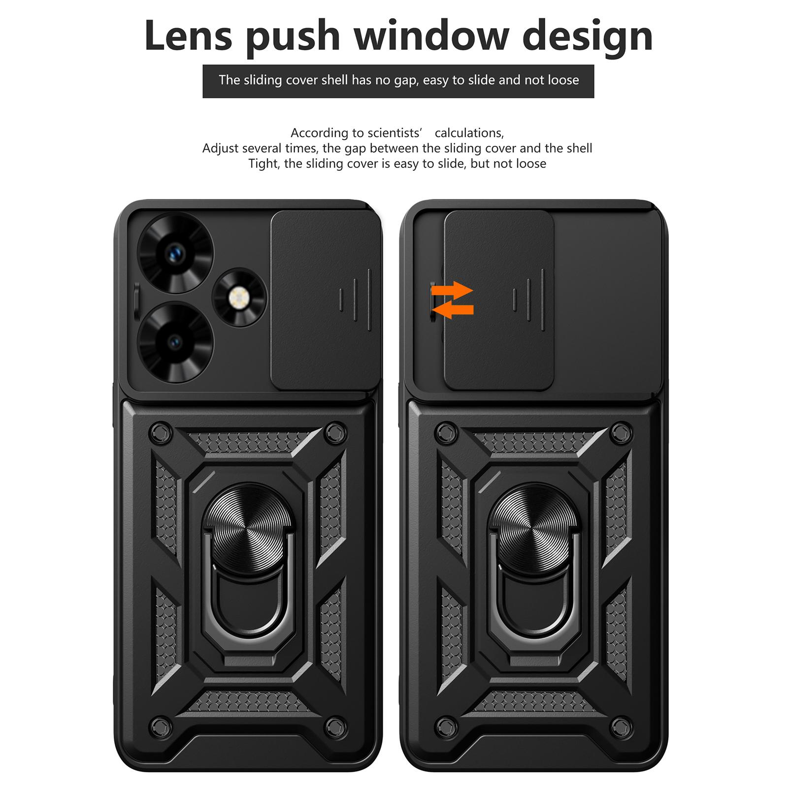 

For Infinix Hot 30 Back Case Slide Lens Lid PC+TPU Kickstand Phone Cover Black