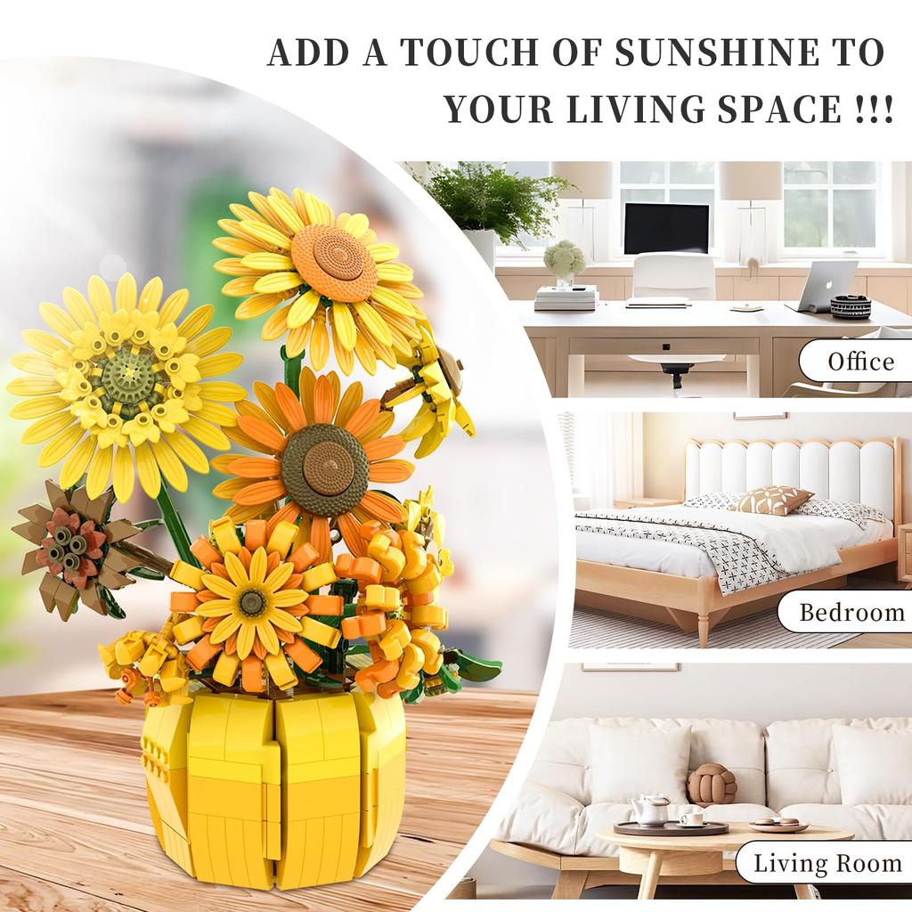 1009Pcs Sunflower Building Blocks Flower Bouquet Vase Model Bricks Set Idea Home Decoration Kids Educational Toys Holiday Gifts