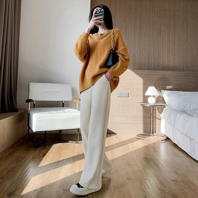 Pantalones Acolchados Gruesos de Pierna Ancha para Mujer Otoño e Invierno Talla Grande Pantalones Sueltos de Cintura Alta Casuales de Pana Rectos para Mujer