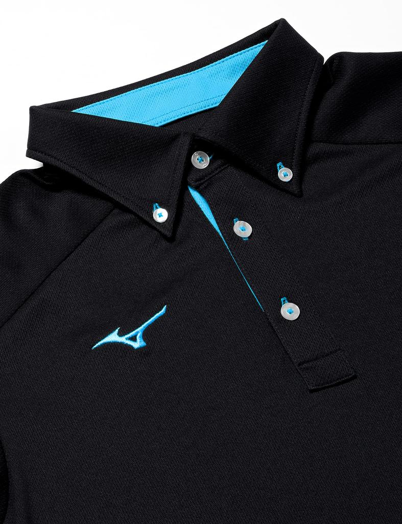 Mizuno Training Wear Polo Short Size S Shirt, Button-Down, Sleeve, Moisture-Wicking, Quick-Drying, Black/Diva Blue,