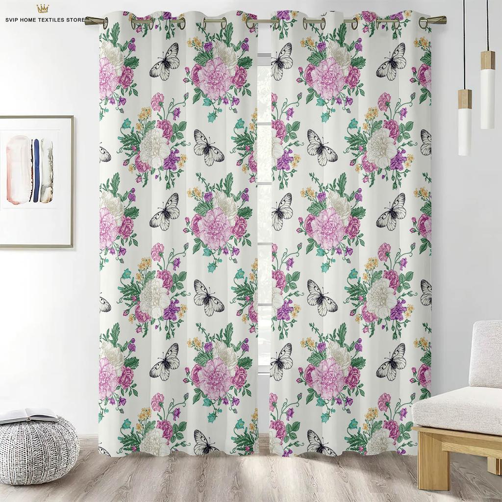 Floral Printed Curtains for Bedroom, Romantic Pastoral Style, Easy to Wash and Care, Home Decoration, 2 PCs