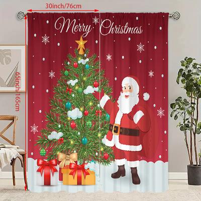2 Pieces of Santa Claus Christmas Tree Printing Curtain - Polyester Material Suitable for Bedroom Living Room Study Priva