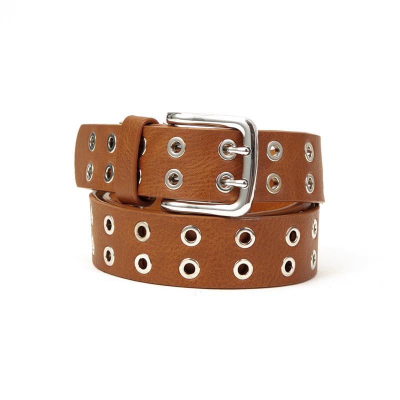 Unisex Leather Eyelet Buckle Belt with Rivet Detail - European & American Style Trend