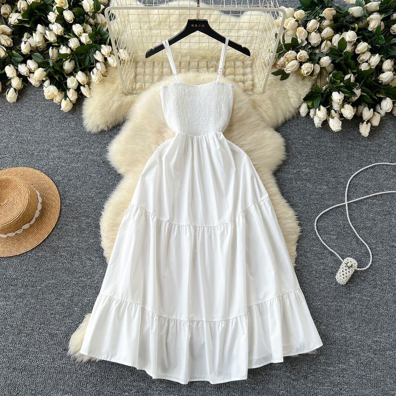 Sling Dress Women's 2024 Summer Dress New Arrival Elastic Tight Waist Slim Looking Sleeveless Tube Top Ruffles Long Dress