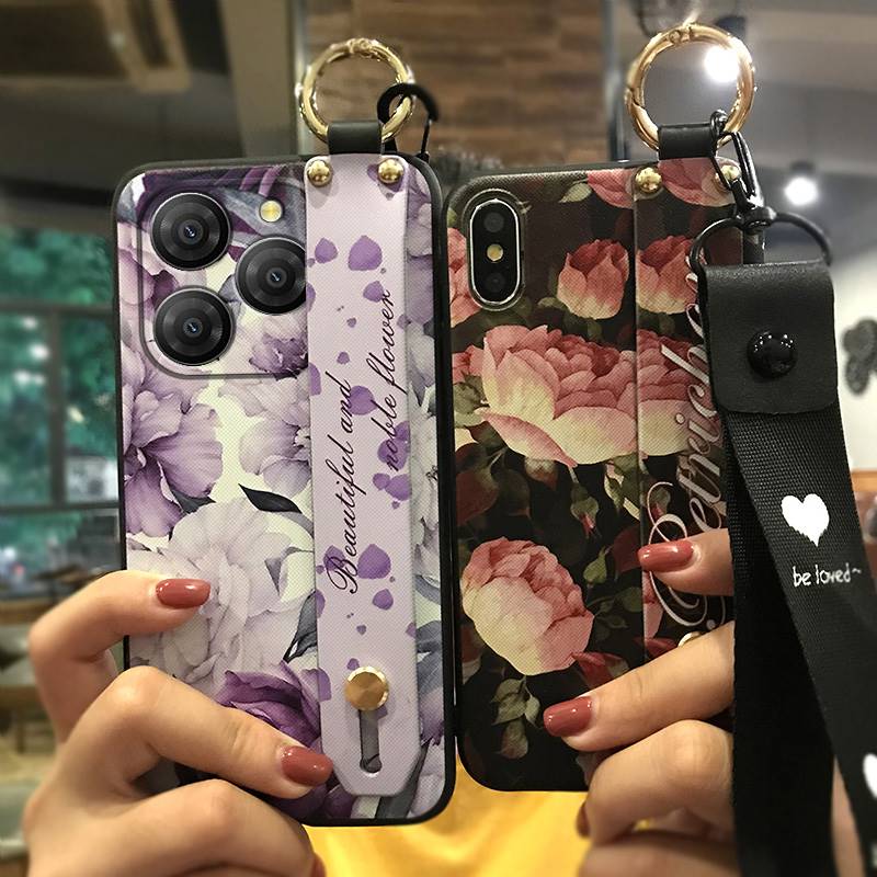 Anti-dust Soft Case Phone Case For Blackview Shark9 5G Wrist Strap Shockproof Durable Waterproof Flower Kickstand Ring
