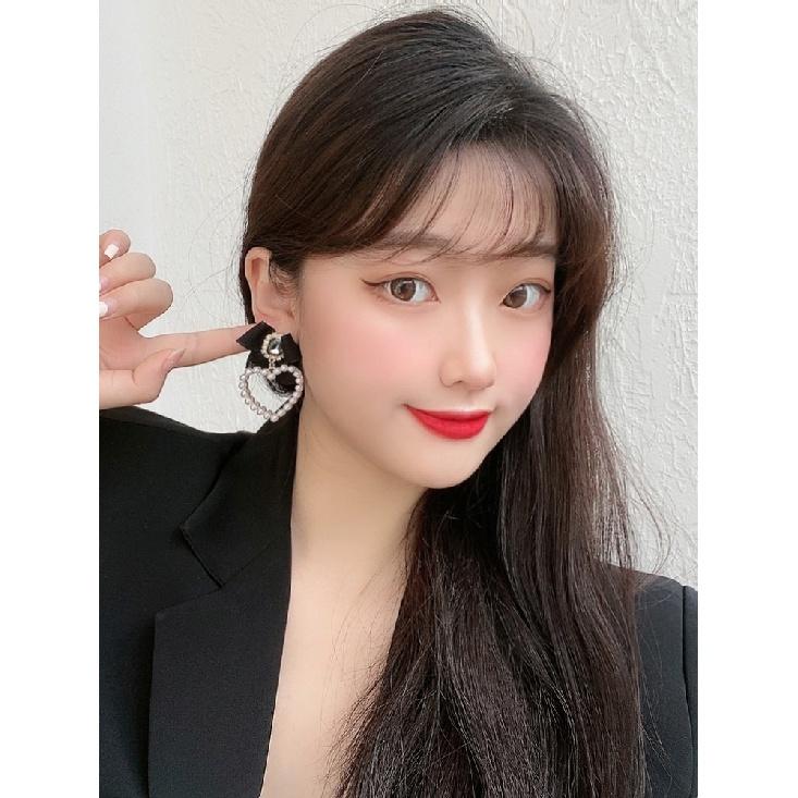 S925 Needle Sweet Jewelry Black Bowknot Earrings New Design Crystal Glass Simulated Pearls Heart Drop Earrings For