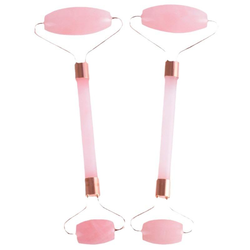 Rose Quartz Facial Roller & Heart-Shaped Gua Sha Set - Double-Headed Eye Massager and Lifting Tool.