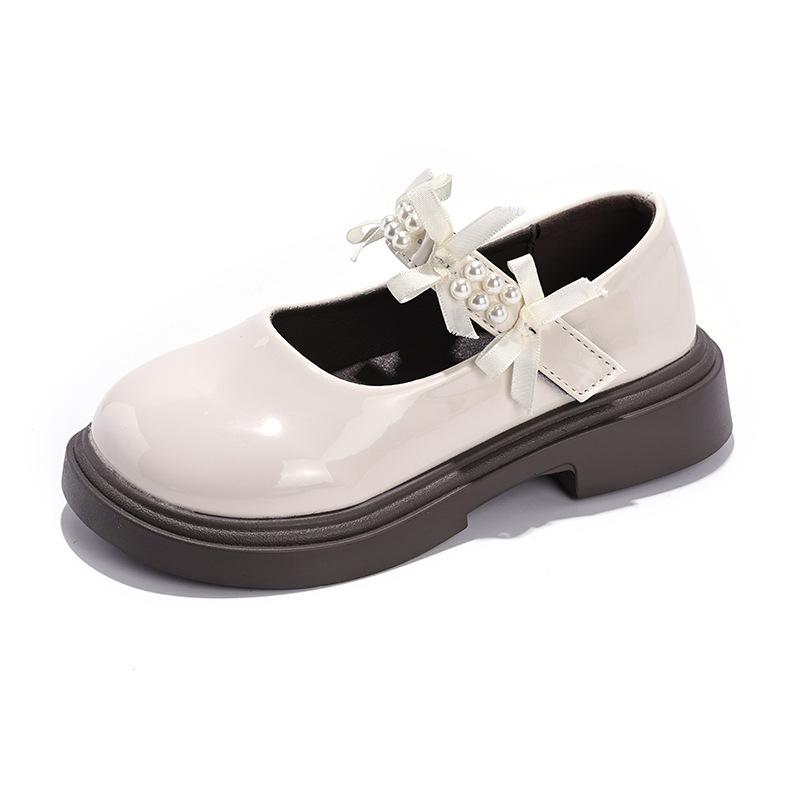 Girls Leather Shoes 2025 Autumn New Pearl Bow Foreign Style Single Shoes Girls Princess Shoes Black Performance Shoes Tide