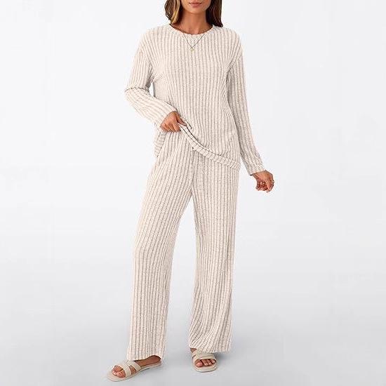 Cross-border two-piece set women's 2025 autumn new fashion casual straight-leg pants temperament loose V-neck pit strip knitted cover