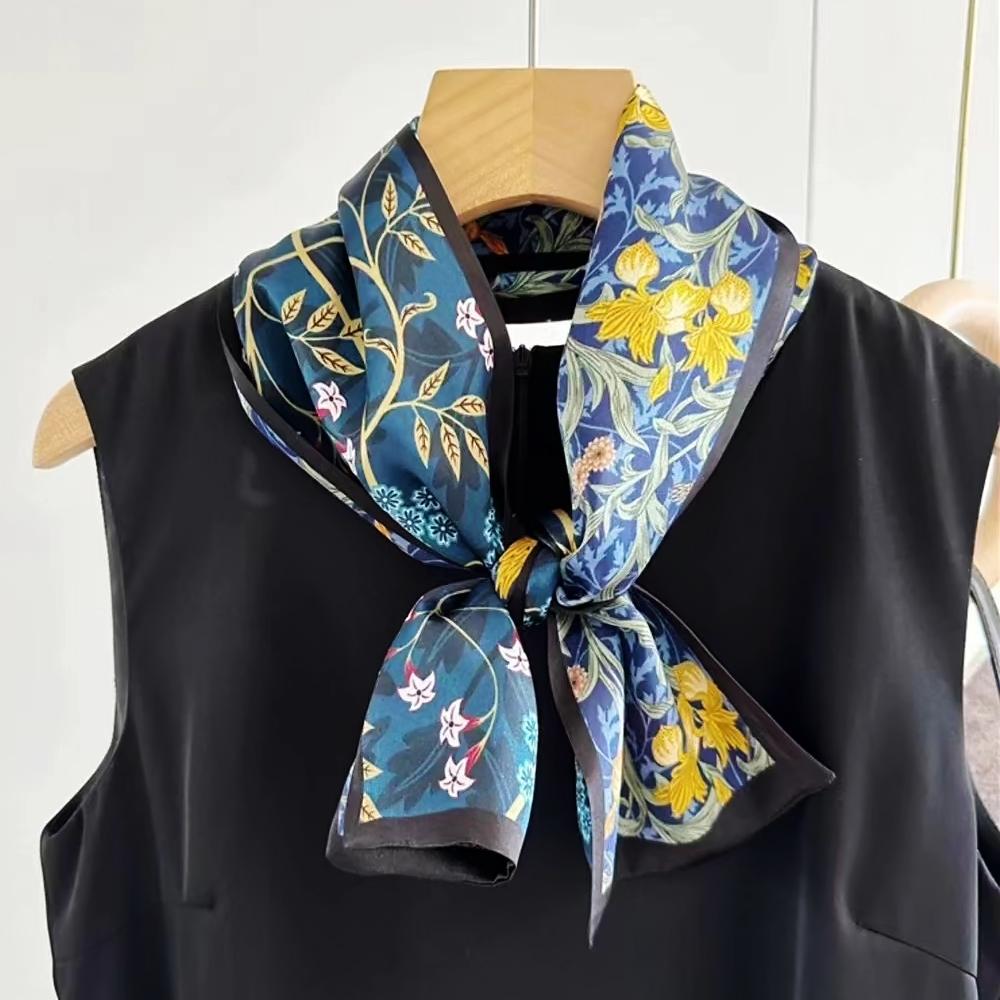 Bysifa|New Blue Yellow Long 100% Mulberry Silk Scarf Headband Spring Summer Fashion Floral Silk Ribbons Scarves Floulard Printed