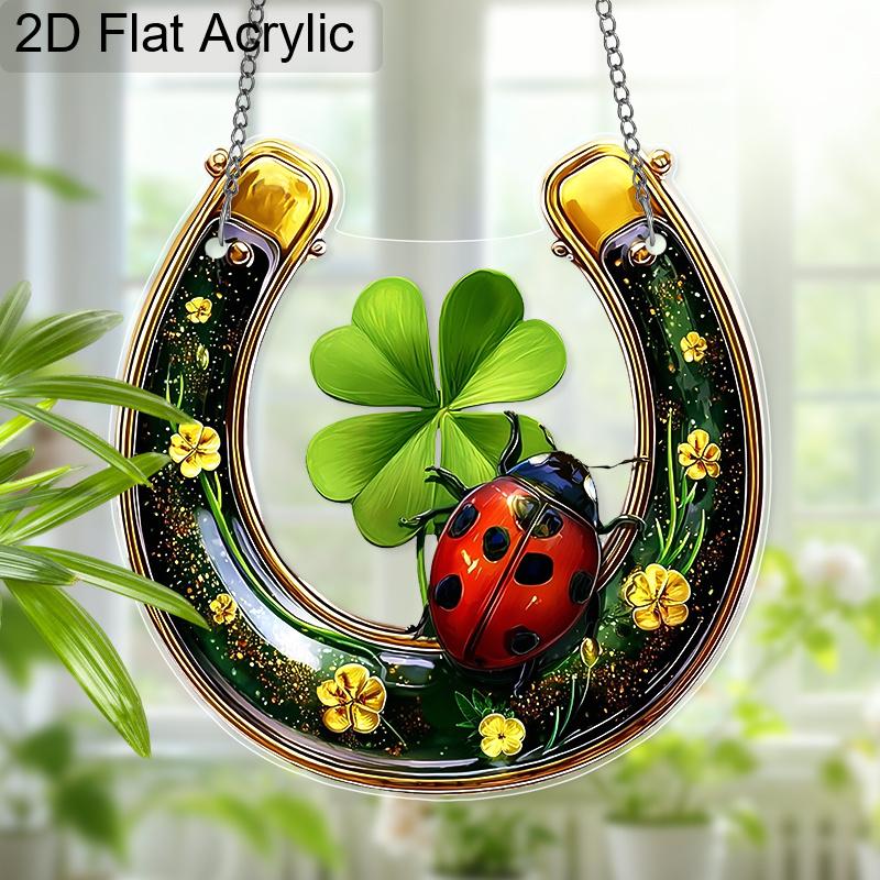 Acrylic Lucky Horseshoe with Four-Leaf Clover & Ladybug Suncatcher Stained Glass Effect Window Hanging Ornament St. Patrick's Day Gifts