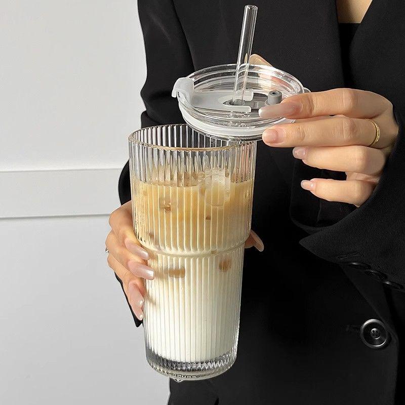 Vertical Stripe Glass Cup, Large Size with Lid & Straw - Ideal for Cold Drinks and Coffee.