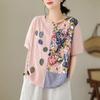 DIMANAF 2024 Verão Plus Size Mulheres Camisetas Estampa Floral Elegante Manga Patchwork Tops Tees Solto Casual Camisa de Linho 91688