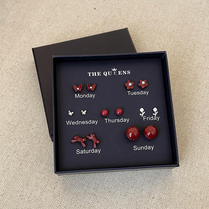 Eine Woche wird sich nicht wiederholen, Ankola Rotes Öl Tropfen Geschenkbox Set, Ohrringe, Damen Leichter Luxus Mode Temperament, Vielseitige Ohrringe