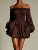 2026 European and American Women's Clothing One-word Shoulder Pleats Waist Thin Long-sleeved Dress Women