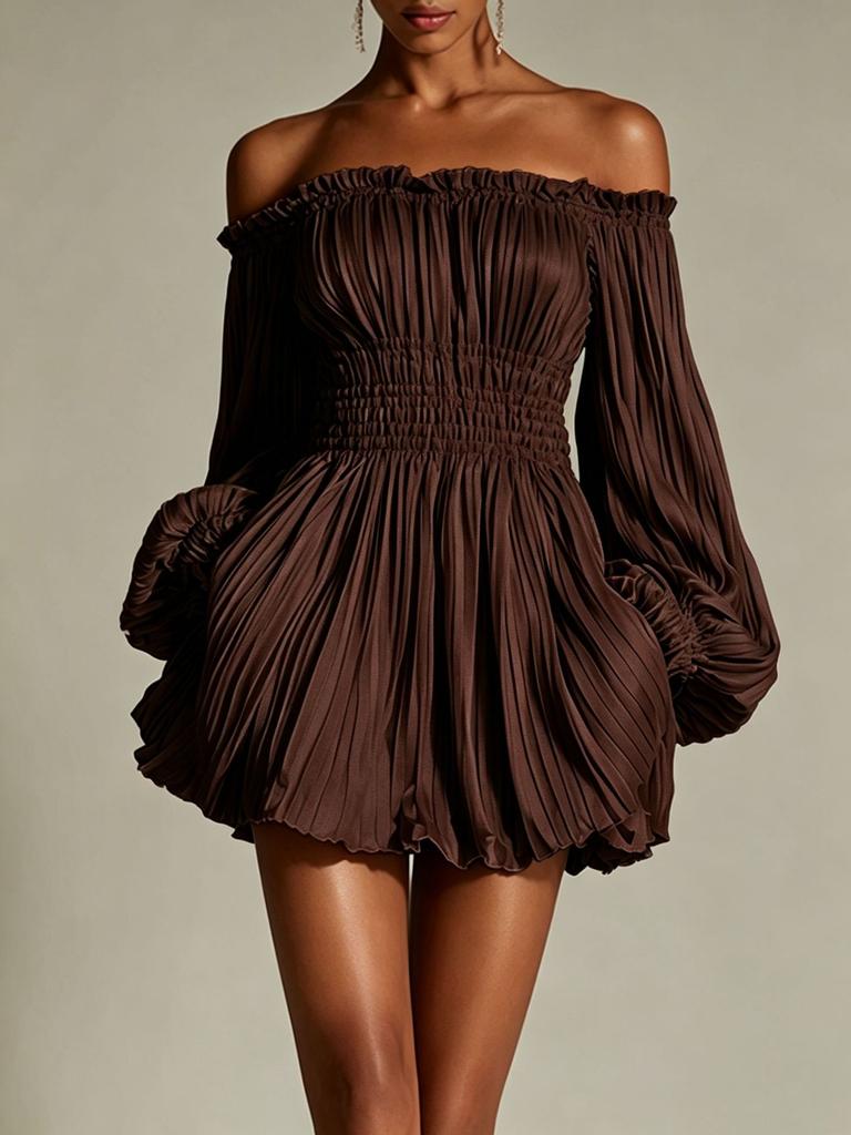 2026 European and American Women's Clothing One-word Shoulder Pleats Waist Thin Long-sleeved Dress Women