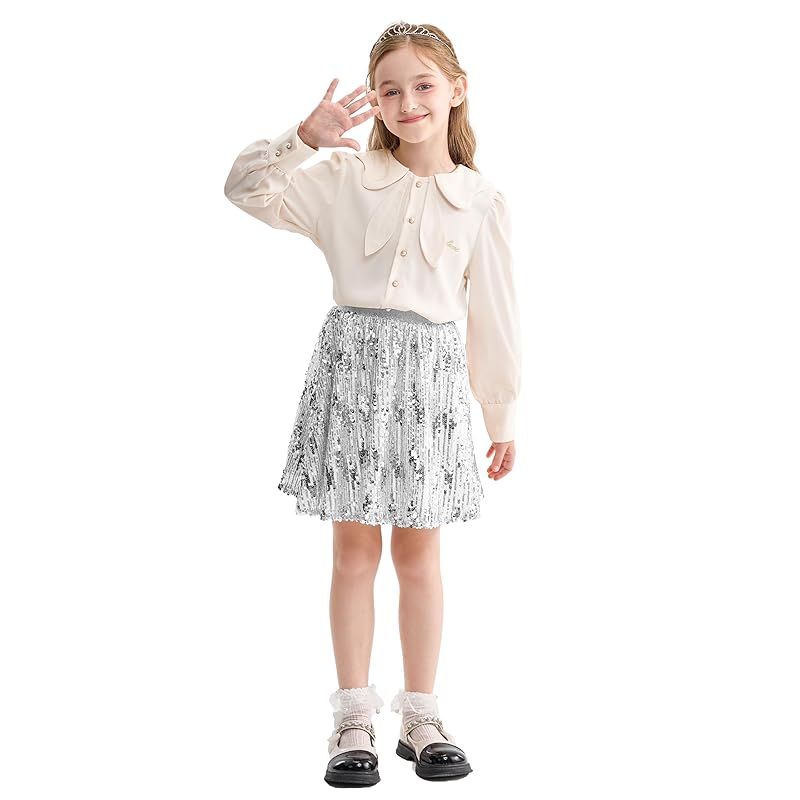 [Rolanko] sequins skirt kids girl dance skirt With inner pants everyday wear dance recital halloween cosplay disguise Christmas present silver 150