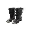 Square Toe Lace-Up Bow Pleated Fashion Boots Vintage Big Barrel Wrap Block Heel Stack Mid-Barrel Boots for Women
