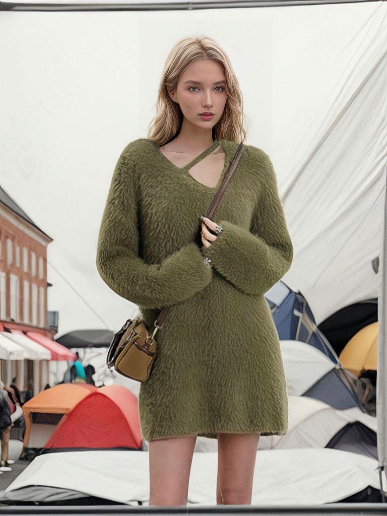 V-neck Hollow Out Faux Mink Velvet Sweater: Solid Color Knit, European & American 2025 Design for Women