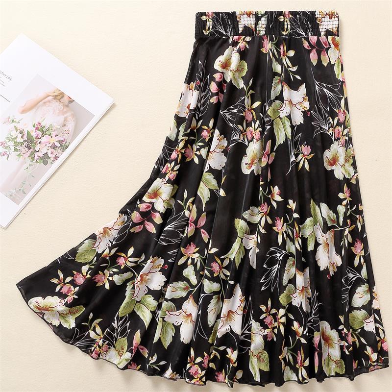 Women's Summer Ice Silk Midi Skirt – 72cm Length, Elegant Dance Style for Middle-aged and Elderly
