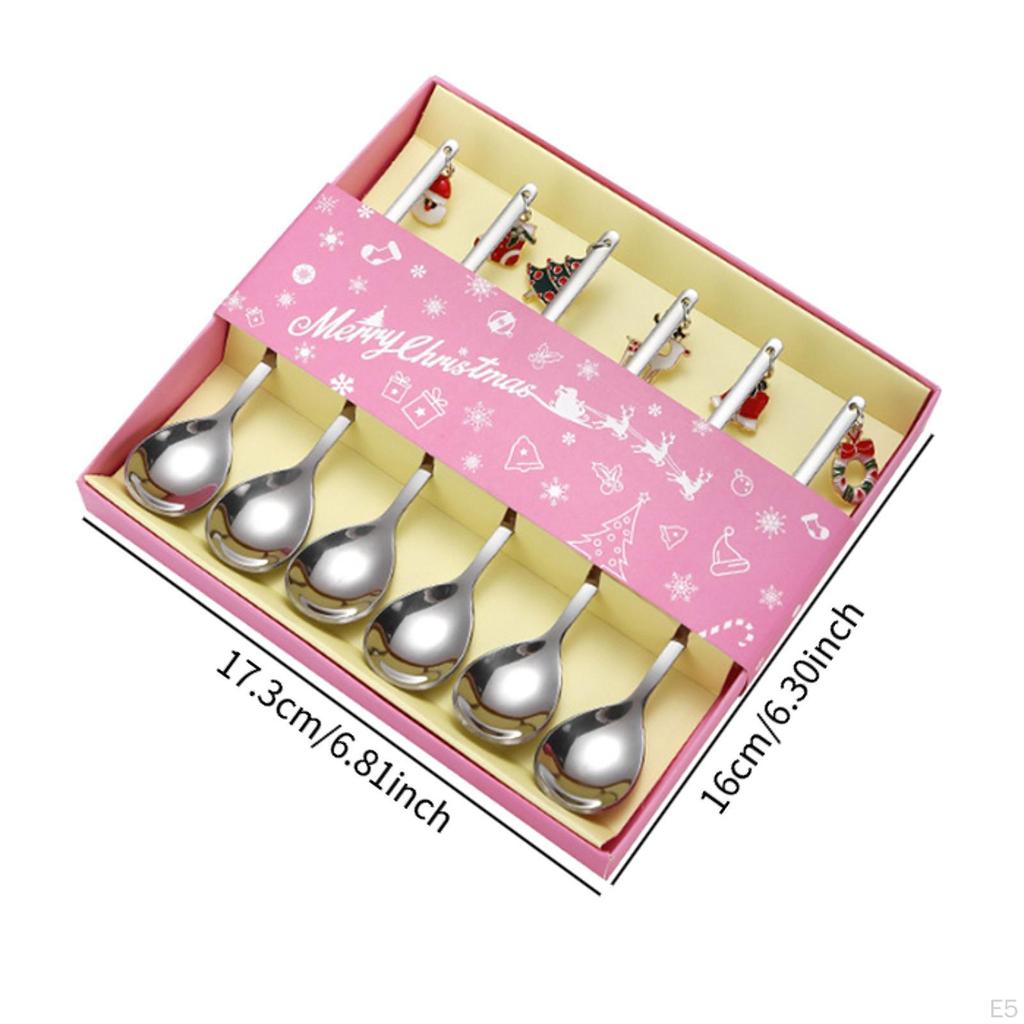 6 Christmas Spoons Collection, Stainless Steel Dessert Cutlery, Reusable Kitchen Set for Festivities