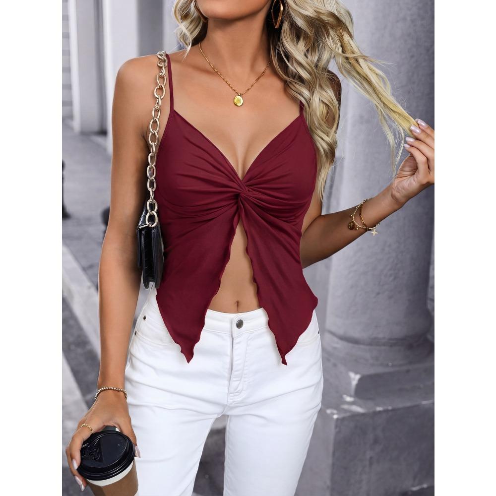 Women's V Neck Thin Spaghetti Strap Front Twist Cutout Ruffle Hem Cropped Camisole Summer Sexy Sleeveless Casual Tank Top
