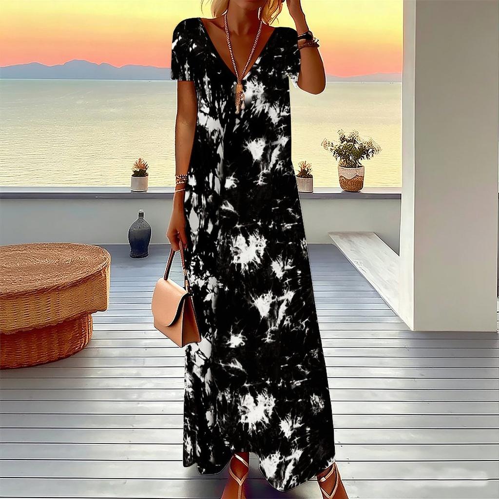 Women Plus Size V Neck Short Sleeve Maxi Dress Gradient Pink Leopard Print Loose Summer Beach Long Dress
