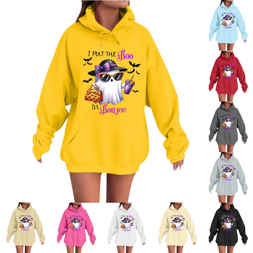 Women's Casual Fashion Comfortable Round Neck With Hood Long Sleeve Halloween Print Warm Sweatshirt