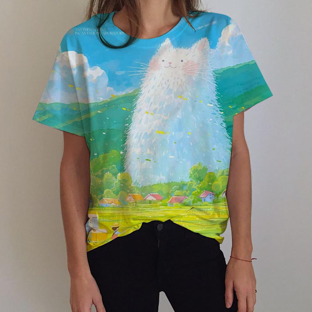 3D Printed Women's Flower T-shirt with Cat Pattern Short Sleeve Summer Fashion Street Round Neck T-shirt Top Loose Harajuku T-sh