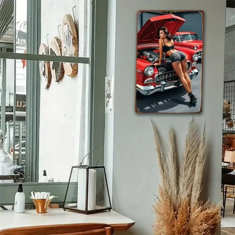 Vintage Iron Wall Art Nude Lady with Red Car 8x12 Inch Garage Man Cave Decor