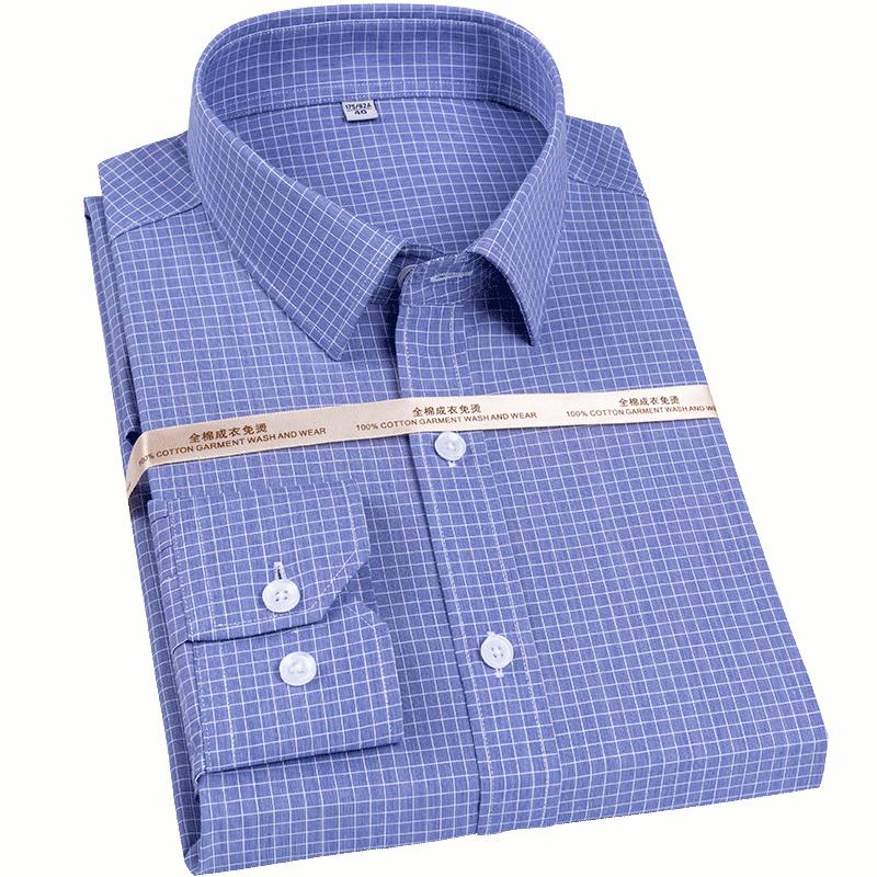Official Formal Pure Cotton Iron Free Square Collar Business Men Plaid Shirts Long Sleeve Anti Wrinkle