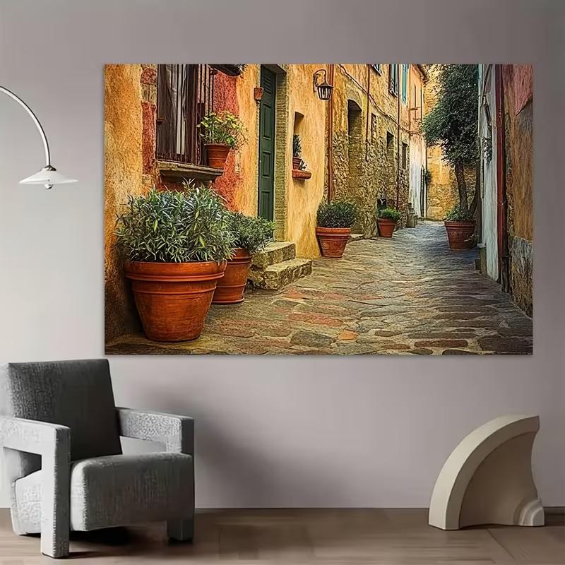 2D Flat Printing European Village Alley Backdrop Italy Tuscan Stone Houses Background