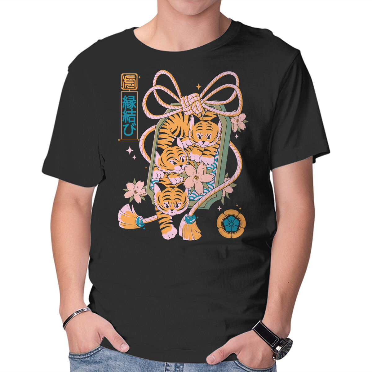 Unisex Crew Neck T-Shirt Omamori Tigers Graphic Short Sleeve Casual Tee S