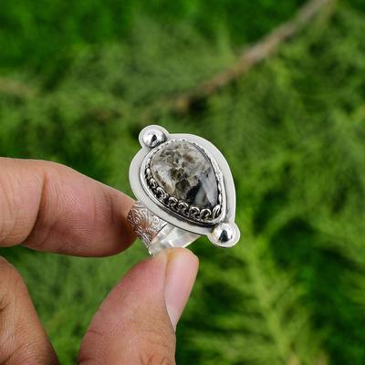 Natürlicher Orthoceras Fossil Mehrstein Verstellbarer Ring 925 Silber Für Damen