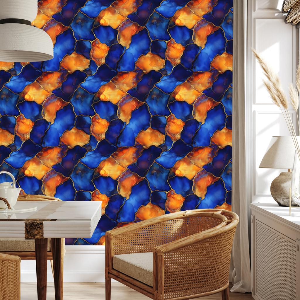 Ink blue, navy blue and orange wallpaper for living room and bedroom 50x1000