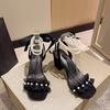 Women Summer High Heel Sandals 2025 Lace Pearl Ankle Strap Black Beige Size 35 40 Chunky Heeled Shoes Sandalias Mujer