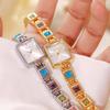 BS New Women's Quartz Watch Vintage-Inspired Square-Case Multi-Colored Gemstone “Rainbow” Luxury-Style Women's Watch FA1857