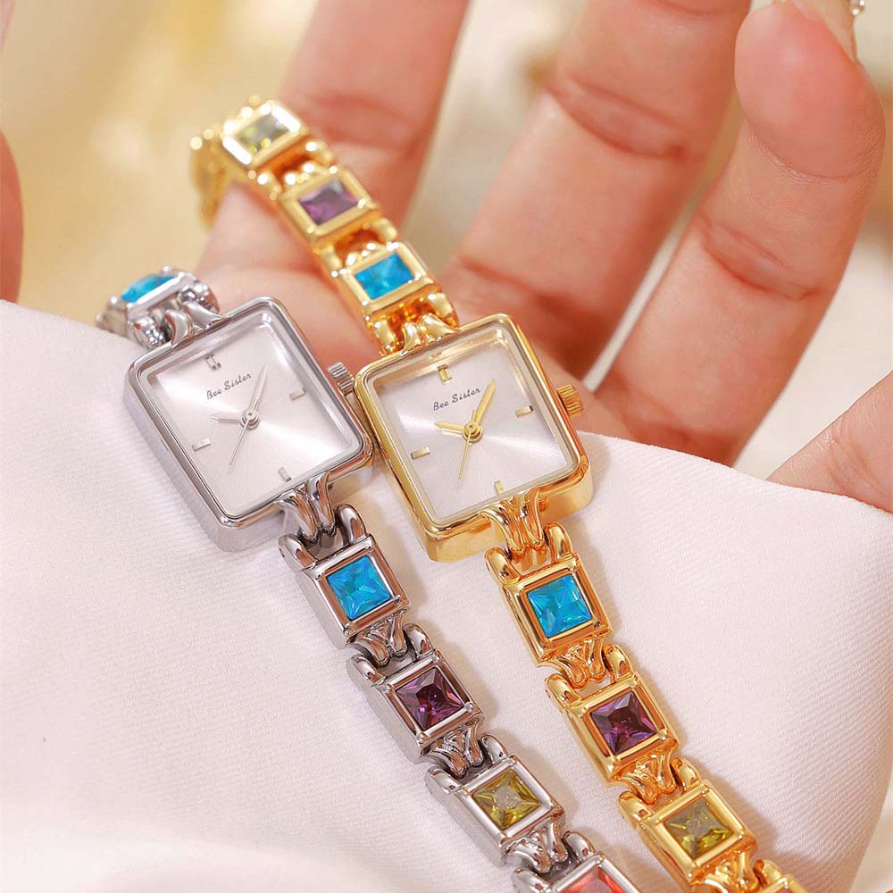 BS New Women's Quartz Watch Vintage-Inspired Square-Case Multi-Colored Gemstone “Rainbow” Luxury-Style Women's Watch FA1857