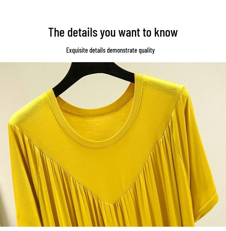 2023 Women's Summer Plus Size Round Neck Cake Dress - Solid Color, Loose Fit, Short Sleeve, Long Length