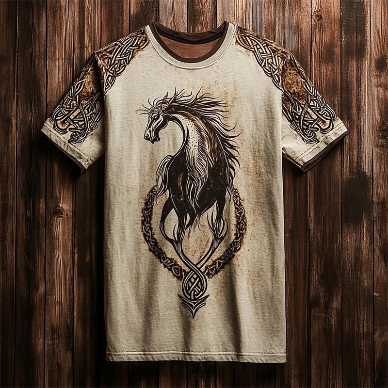 Pánské Vintage Severský Havraní Totemový Potisk Ležérní Tričko s Krátkým Rukávem Nadměrná Velikost Kulatý Výstřih Tričko s Krátkým Rukávem Letní Dámské Tričko Top
