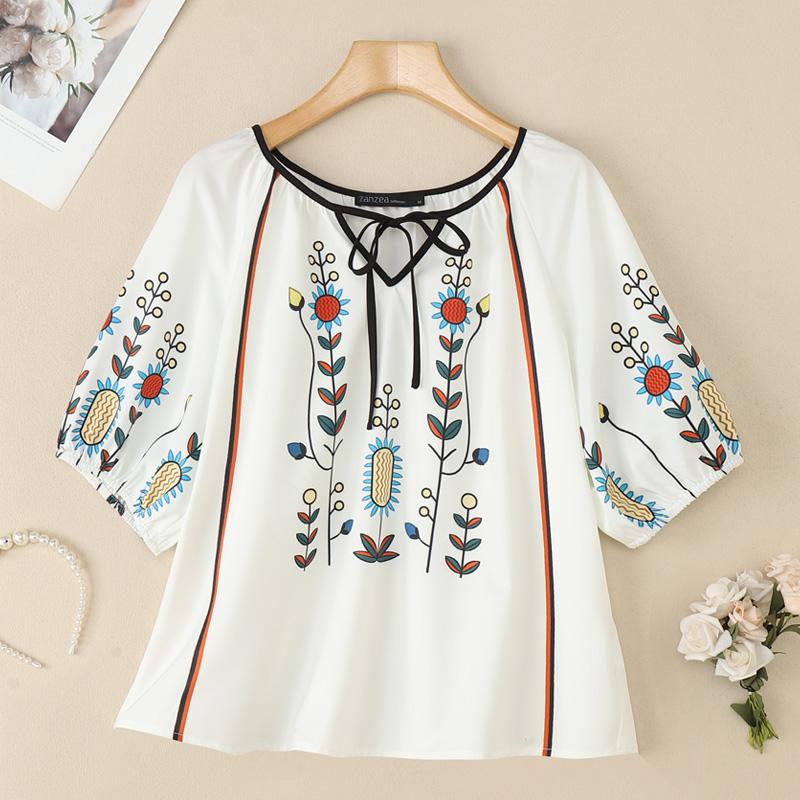 ZANZEA Blusa Feminina Casual de Gola Redonda Solta Manga 3/4 Estampada