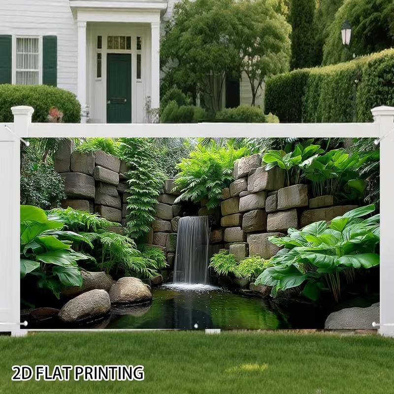 2D Stone Pond Green Plant Waterfall Background Cloth Live Stream Portrait Backdrop