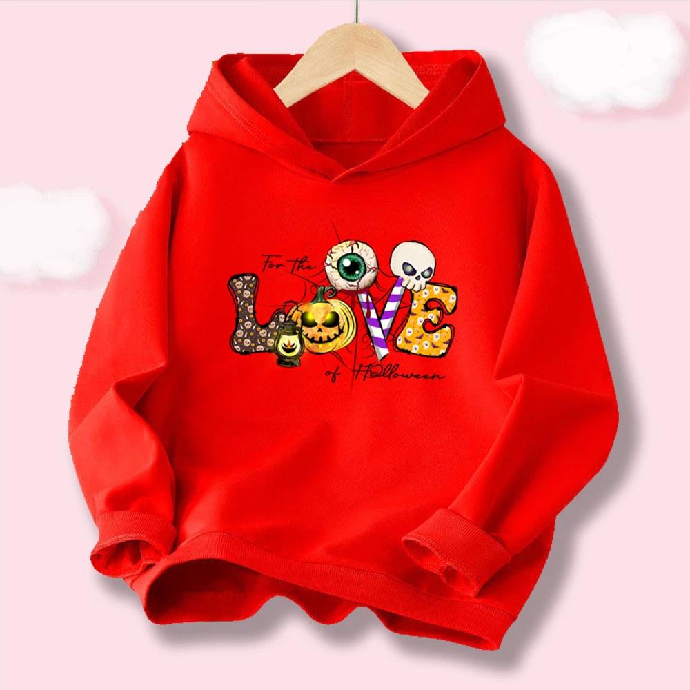 Kawaii Boys' & Girls' Halloween Hoodie "LOVE" Letter with Pumpkin and Skull Print, Casual Kids' Hooded Top