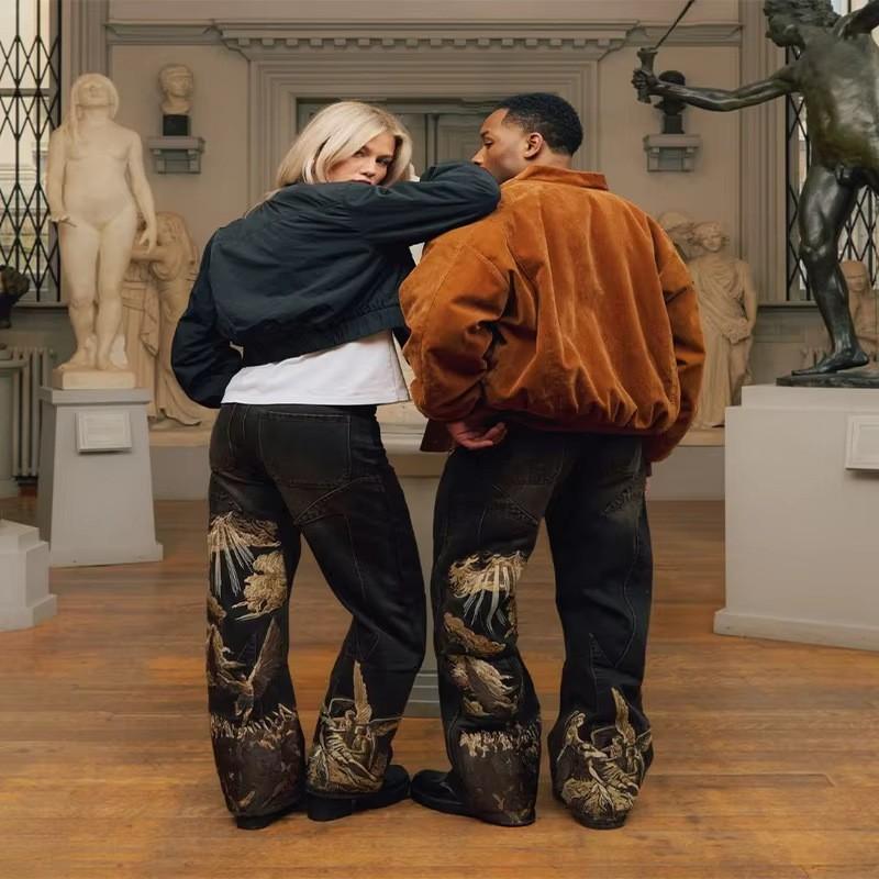 Y2K Vintage High-Waisted Wide-Leg Denim Jeans With Embroidered Floral Detail Streetwear Unisex Pants
